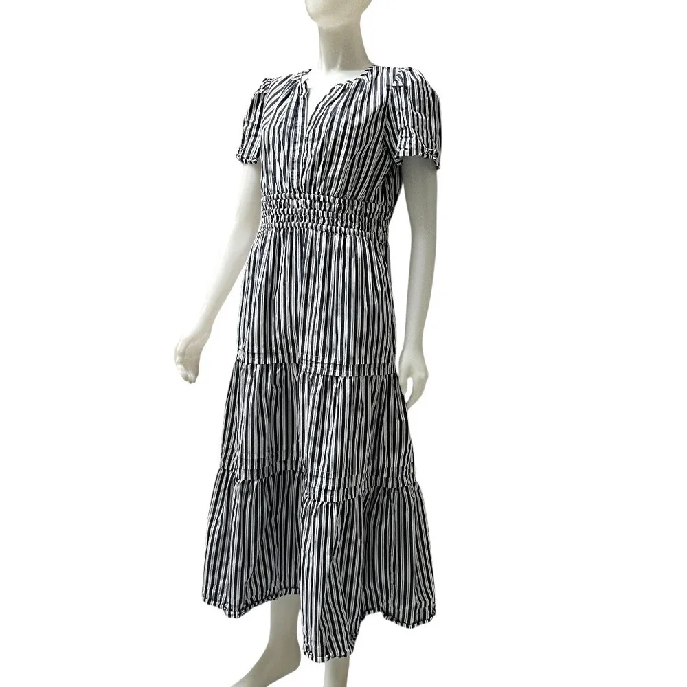 Quince Organic Cotton Tiered Maxi Dress‎ Navy White Stripe Smocked Resortwear M - Picture 5 of 17